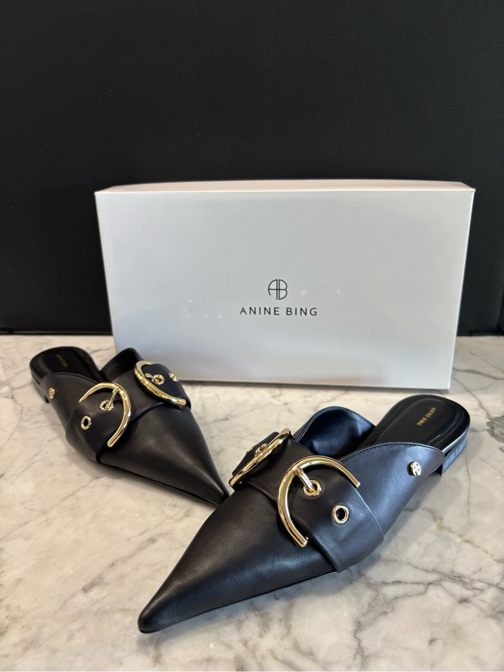Anine Bing Zoe Flats Black Leather Pointed Mule with Gold Hardware Size 38